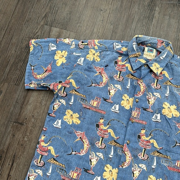 VINTAGE AVI BY KAHALA BLUE GRAPHIC HAWAIIAN BUTTON DOWN SHIRT MENS XL - Picture 3 of 8